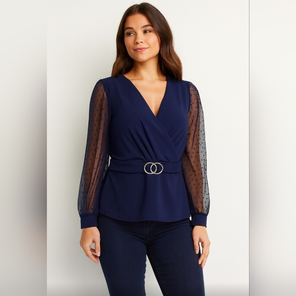 Venus Size M Elegant Navy Wrap Top with Sheer Sleeves